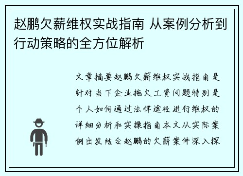 赵鹏欠薪维权实战指南 从案例分析到行动策略的全方位解析